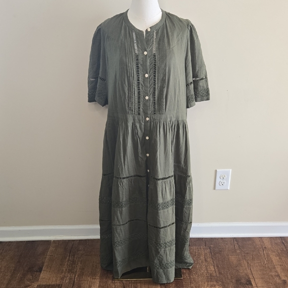 Gap Olive Green Button Front Midi Dress Cottagecore Boho Prairie Tiered XL - Picture 2 of 7